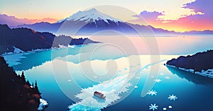 Frozen lake and snow capped mountains Glacier lake scenery Ice Melting Generative ai