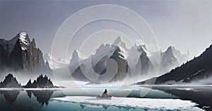 Frozen lake and snow capped mountains Glacier lake scenery Ice Melting Generative ai photo