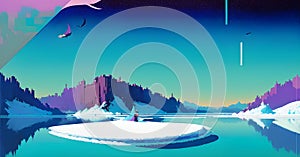 Frozen lake and snow capped mountains Glacier lake scenery Ice Melting Generative ai photo