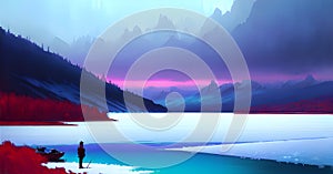 Frozen lake and snow capped mountains Glacier lake scenery Ice Melting Generative ai photo