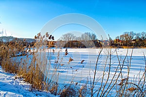 Frozen lake with snow covered in Ilmenau Thuringia, Germany