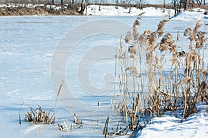 Frozen lake in the spring. spring ice