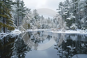 A frozen lake stands in the foreground, while trees covered in snow create a winter wonderland backdrop, A forest of snow-covered