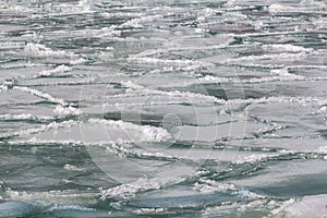 Frozen lake surface in pancake ice pattern from a servere winter on Lake of Constance,