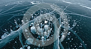 Frozen lake surface with ice bubbles