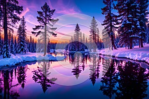 A frozen lake surrounded by pine trees, reflecting the pink and purple hues of the sunset generative by Ai
