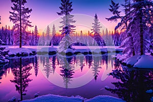 A frozen lake surrounded by pine trees, reflecting the pink and purple hues of the sunset generative by Ai