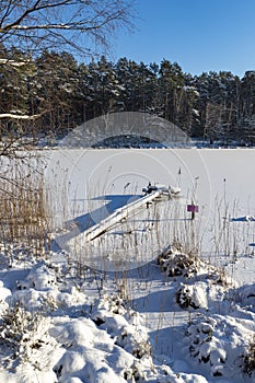 A frozen lake surrounded by tall forest. Wooden fishing bridge covered with snow