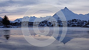 Frozen lake in in Svolvaer city on the Lofoten in Norway