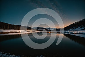 A frozen lake under a starry night