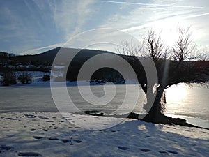 Frozen lake view in winterscape photo