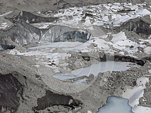 Frozen lakes and moraines on the Ngozumba Glacier