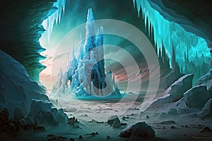 A Frozen Land With Ice Castles And Aurora Borealis. Generative AI