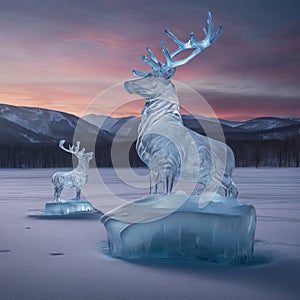 Frozen landscape with ice sculptures of animals. AI generated