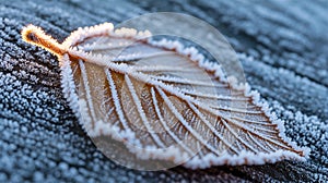 Leaf Trapped in Ice with Frost Crystal Patterns