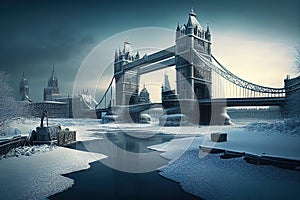 Frozen London in winter, snow and ice due to energy crisis, generative AI