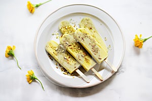 frozen mango lassi popsicles on ice