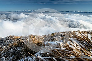 Frozen meadow, white winter mountains in background. High Quality Photo