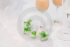 Frozen mint leaf ice cubes for cream liquor drinks close up on light marble background