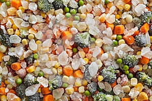 Frozen mixed vegetables including carrots, peas, corn, and broccoli, providing a convenient and nutritious meal option