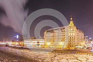 Frozen Moscow river near five star hotel tonight in Christmas