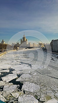 Frozen Moscow River with the view of the Kotelnicheskaya Embankment Building