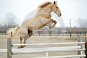 frozen motion shot of a palomino horse jumping a gate