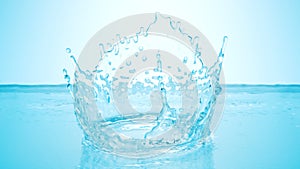 Frozen motion splash crown with waves and droplets on calm water surface realistic 3d illustration. Pure drink fresh