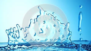 Frozen motion splash crown with waves and droplets on calm water surface realistic 3d illustration. Pure drink fresh