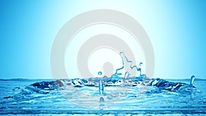 Frozen motion splash crown with waves and droplets on calm water surface realistic 3d illustration. Pure drink fresh