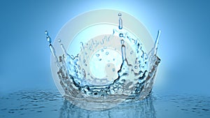 Frozen motion splash crown with waves and droplets on calm water surface realistic 3d illustration. Pure drink fresh