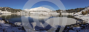 Frozen Mountain Lake Winter Snow Wide Panoramic Landscape Distant Peaks Banff National Park Canadian Rockies