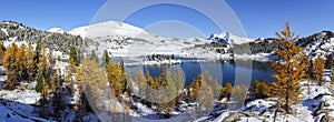 Frozen Mountain Lake Yellow Larch Trees Wide Panoramic Landscape Distant Peaks Banff National Park Canadian Rockies