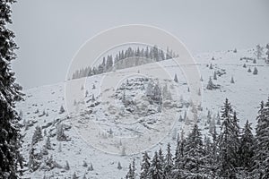 Frozen mountain landscape covered in snow