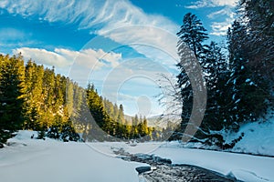 frozen mountain river among the forest in winter.