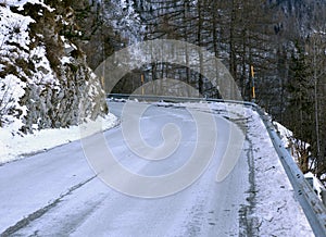 Frozen mountain road in winter