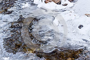 frozen mountain stream in the middle of ice, snow, rocks