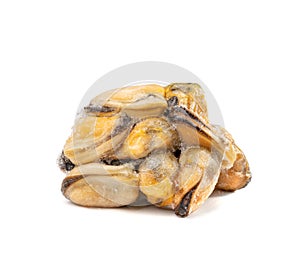 Frozen Mussels Pile Isolated, Unshelled Clam, Frozen Peeled Mussel, Cold Mussels Meat, Iced Seafood
