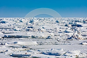 Frozen North Atlantic Ocean ice floes covering sea