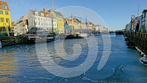 Frozen Nyhavn canal of Copenhagen.