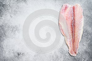 Frozen pangasius fish fillet. Gray background. Top view. Copy space