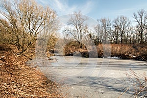 Frozen parapotamon of Odra river near Bohumin city on czech-polish borders