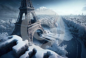 Frozen Paris in winter, snow and ice due to energy crisis, generative AI