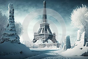 Frozen Paris in winter, snow and ice due to energy crisis, generative AI photo