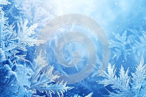 Frozen pattern on winter window. Blue ice winter background, texture blue wallpaper