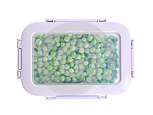 Frozen peas in plastic container isolated on white. Vegetable preservation