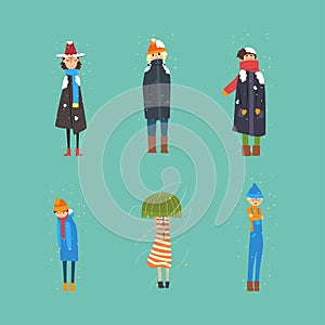 Frozen people walking in cold winter weather set vector illustration