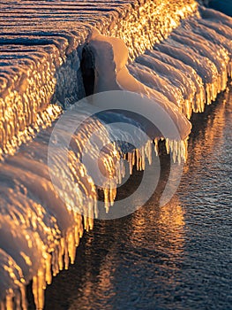 Frozen pier on a river in winter time