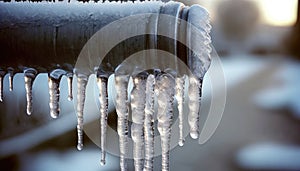 Frozen pipe with icicles hanging down from it