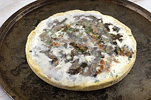 Frozen pizza with mushroom spinach and tomatoes